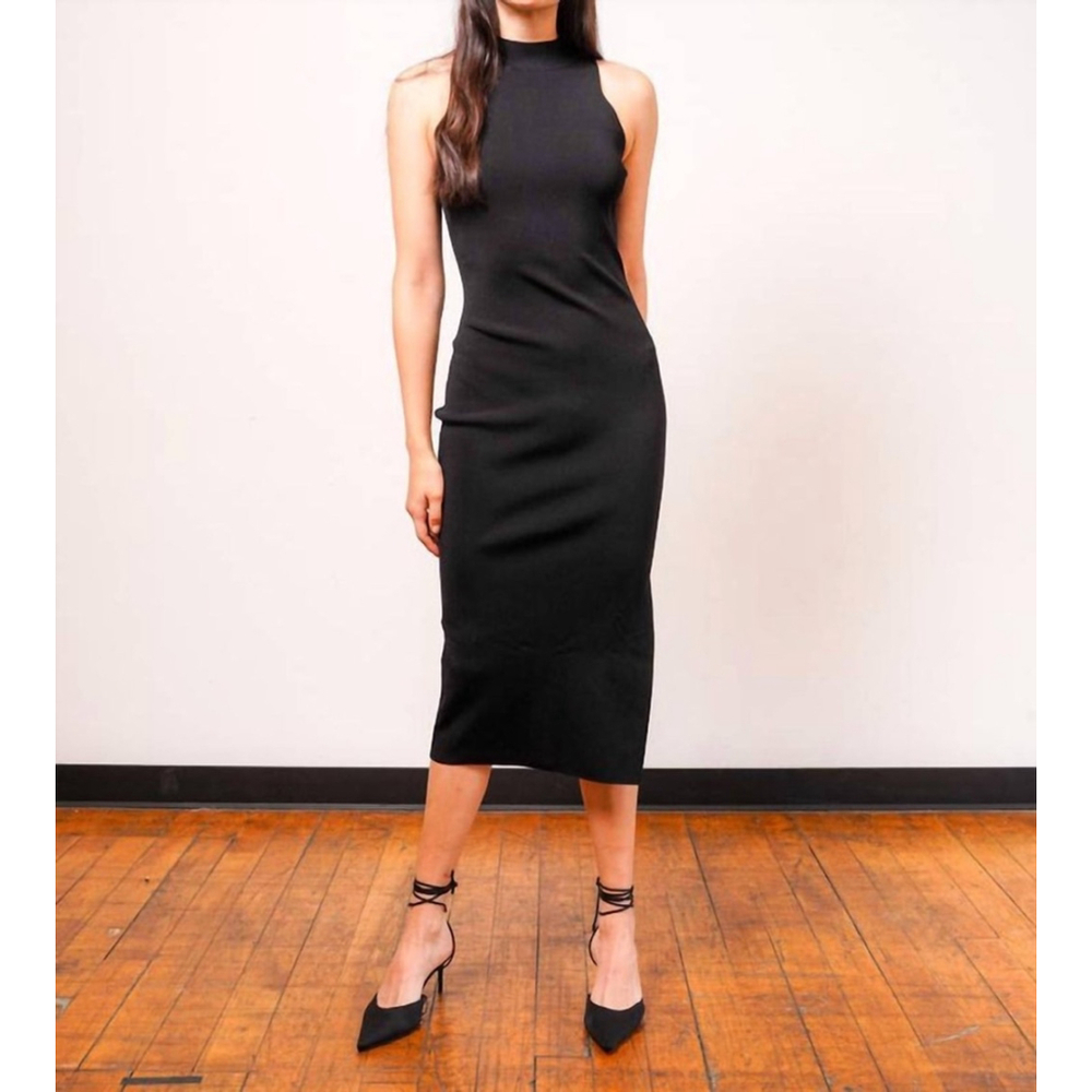 Central Park West Black Ribbed Midi Dress Size Medium Mock Neck Sleeveless NWT